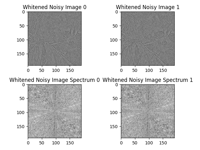 Whitened Noisy Image 0, Whitened Noisy Image 1, Whitened Noisy Image Spectrum 0, Whitened Noisy Image Spectrum 1
